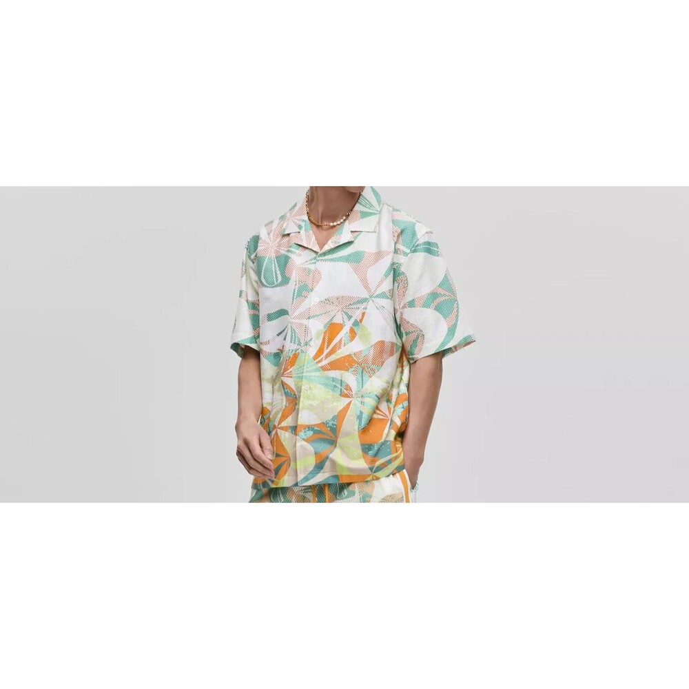 MODE OF ONE Button Camp Shirt Mens Small Yellow Orange White Short Sleeve